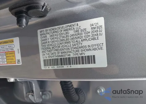 2021 Honda Passport 2Wd Ex-L from USA, damaged, VIN 5FNYF7H58MB007148